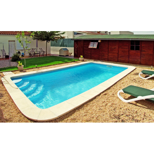 Poolschaal in rechthoekige polyester trap 1/4 cirkel platte bodem model Ruimte 6.00 x 3.10 x 1.50m